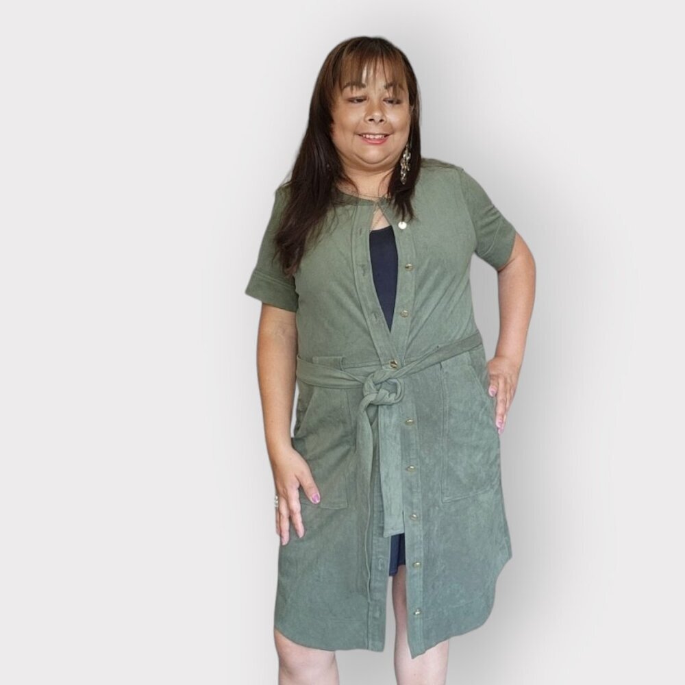 WOMENS SIZE 8 OLIVE GREEN SHORT SLEEVE UTILITY JACKET WITH BUTTON DOWN AND BELT - Picture 5 of 6